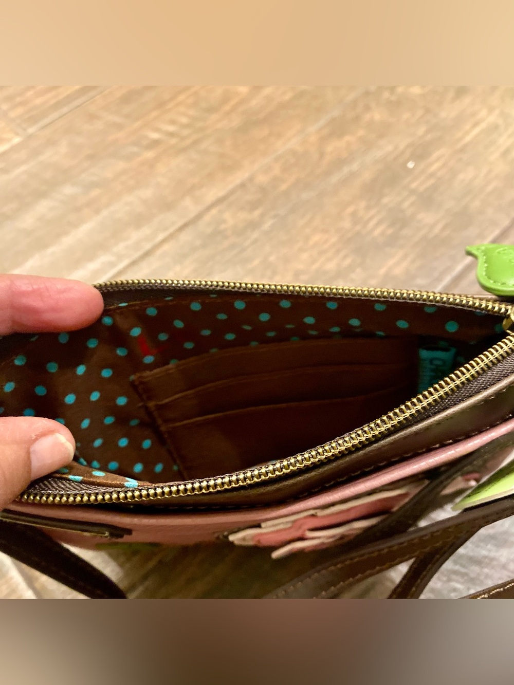 Chala Pink Floral Applique Crossbody with Brown Strap - Picture 7 of 10
